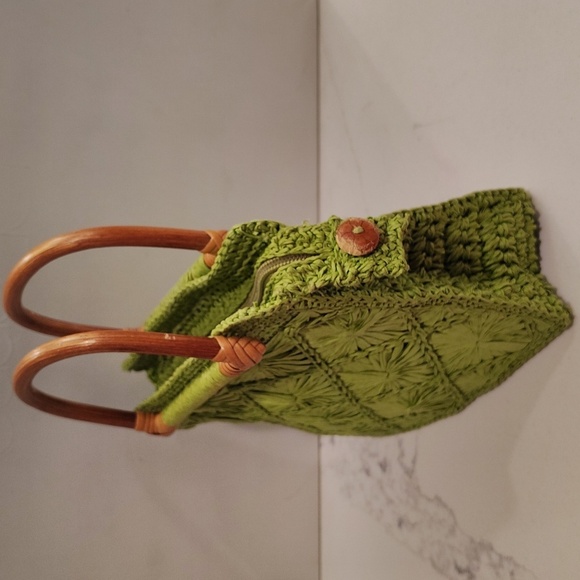 Fossil Straw Mini Satchel Bag Purse Green Double Handle Wood Zip Top - Picture 2 of 14